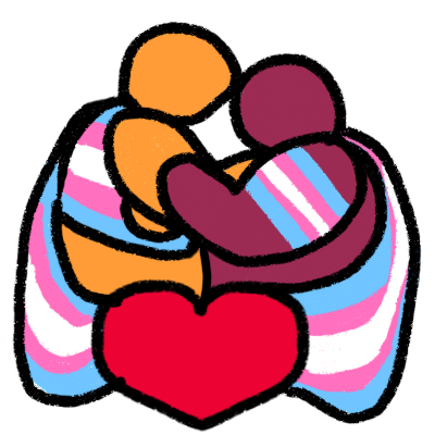 two figures embracing with a red love heart below them and a trans flag draped over both of them, centred below the heart like a banner. the figure on the left is taller and yellow and has a trans flag colored binder. the figure on the right is fatter and magenta and has a trans flag colored strip on their shoulder.